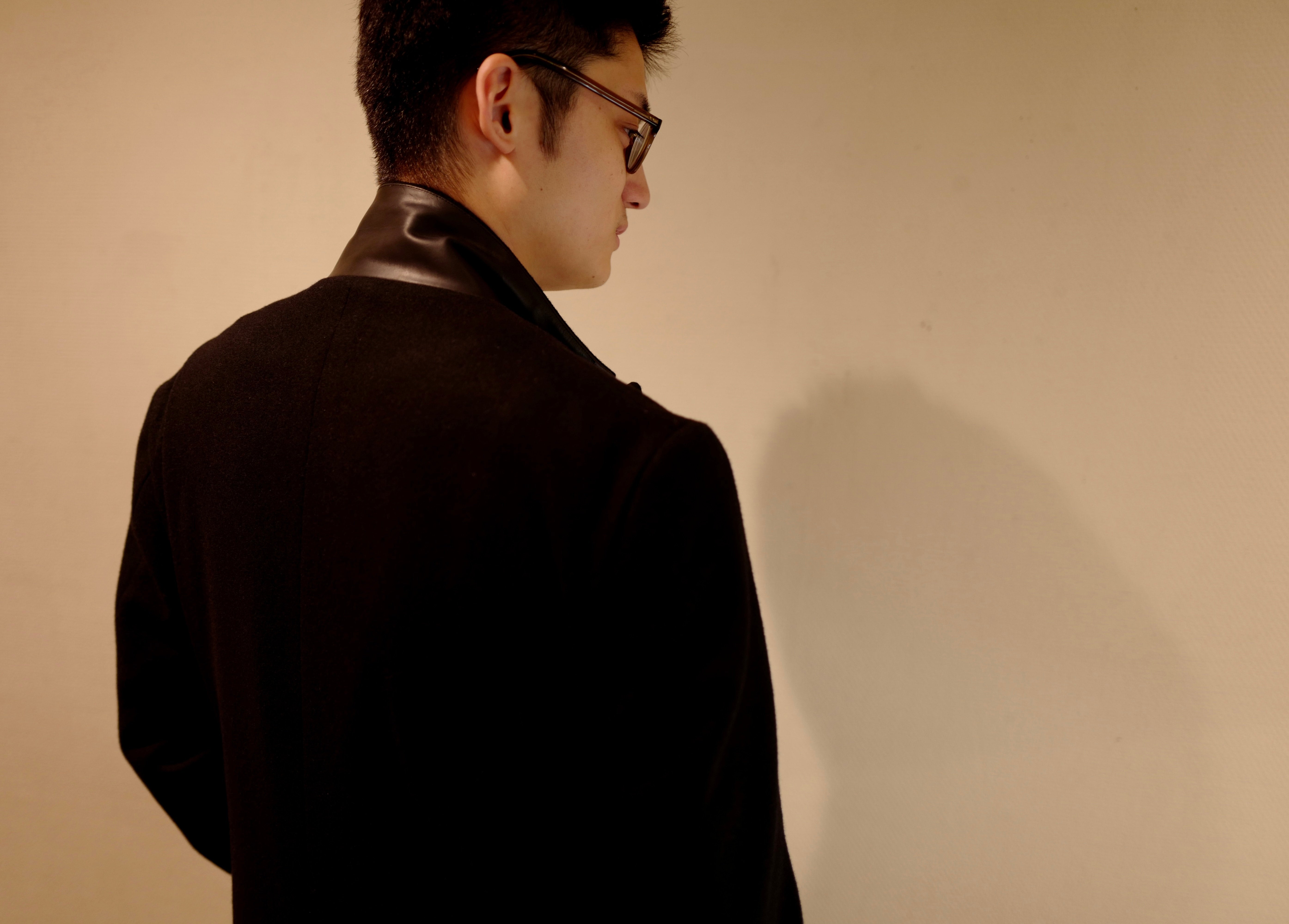 Estella black agnus wool melton with GUIDI calf collar | SHINYA