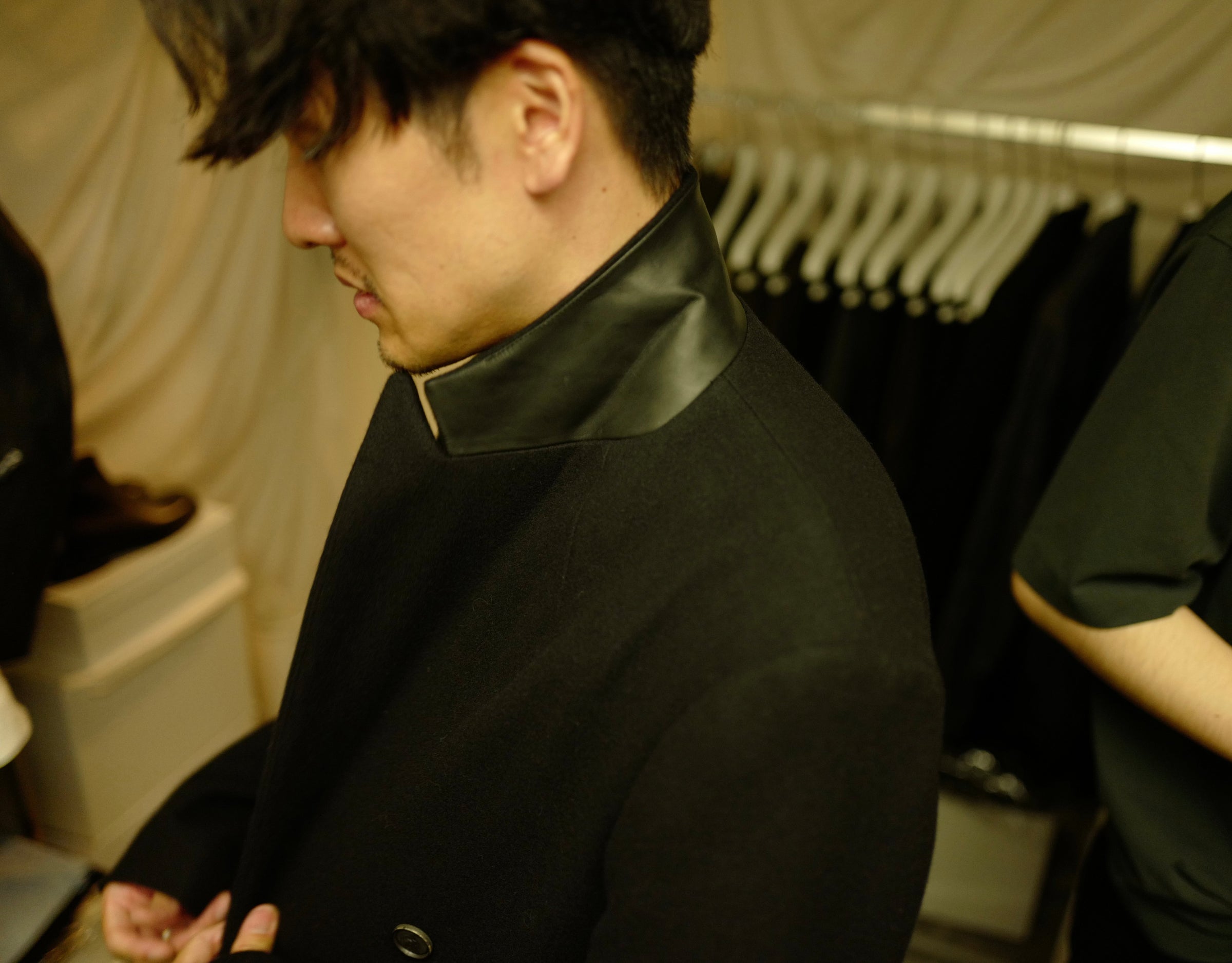Estella black agnus wool melton with GUIDI calf collar | SHINYA