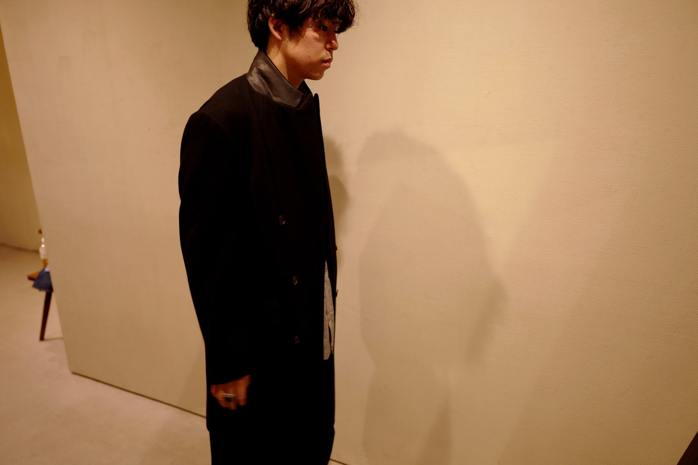 Estella black agnus wool melton with GUIDI calf collar | SHINYA