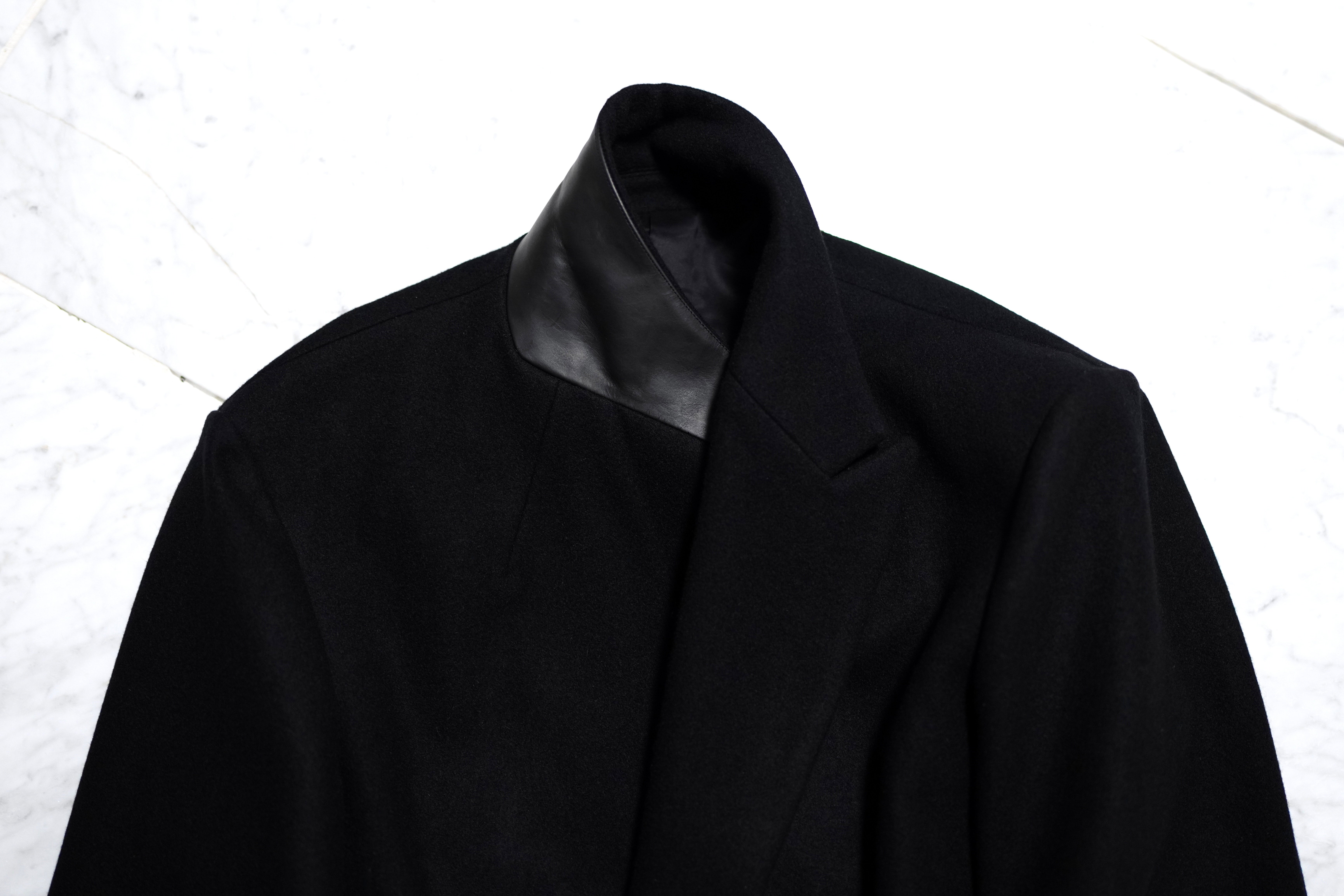 SHINYA Estellaダブルチェスターコート ウール×GUIDIレザー 3 Estella black agnus wool melton with GUIDI calf collar | SHINYA
